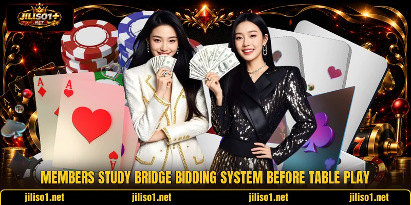Members study bridge bidding system before table play Members study bridge bidding system before table play